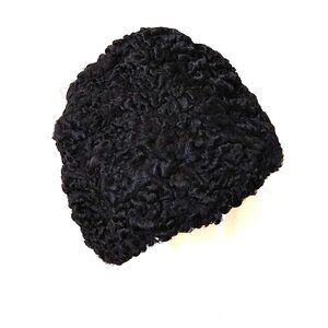 Vintage Curly Lamb Fur Hat Black Winter Garrison Cap XS